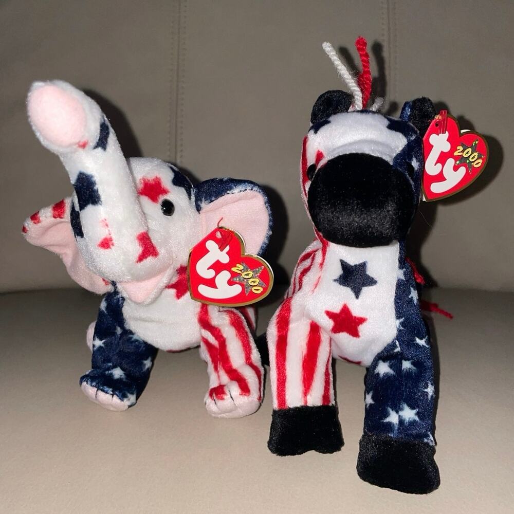 Ty Beanie Babies Lefty Righty 2000 American Flag Set Patriotic Lot America 250